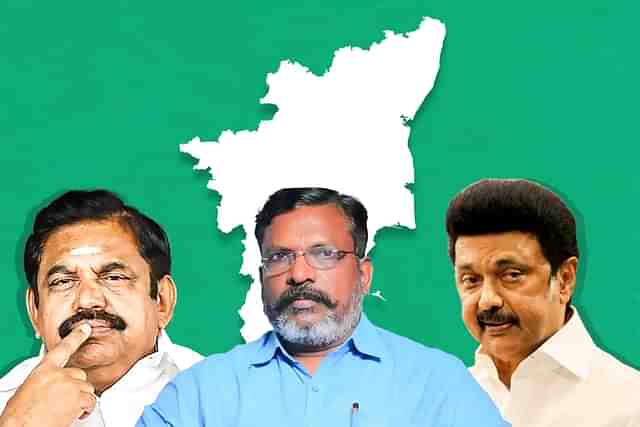 VCK chief Thirumavalavan, centre, Edappadi Palaniswami, left, and Chief Minister M K Stalin.